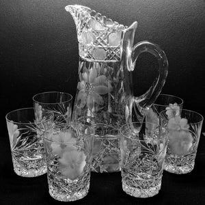 Vintage American Brilliant Cut Glass Pitcher and Cups (full Set)