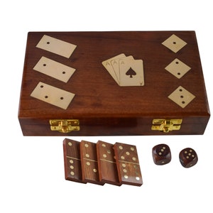 Juego de dominó 3 en 1 personalizado de madera o dados con 28 fichas de incrustación de latón / caja de regalo del día del padre / juego de dominó / rompecabezas de dominó / juegos de fichas