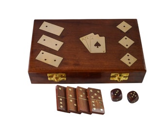 Hölzernes Personalisieren 3 in 1 Domino-Set oder Würfel mit 28 Messing-Inlay-Kacheln | Vatertag Geschenkbox | Domino Spiel | Domino Puzzle | Fliesen Spiele