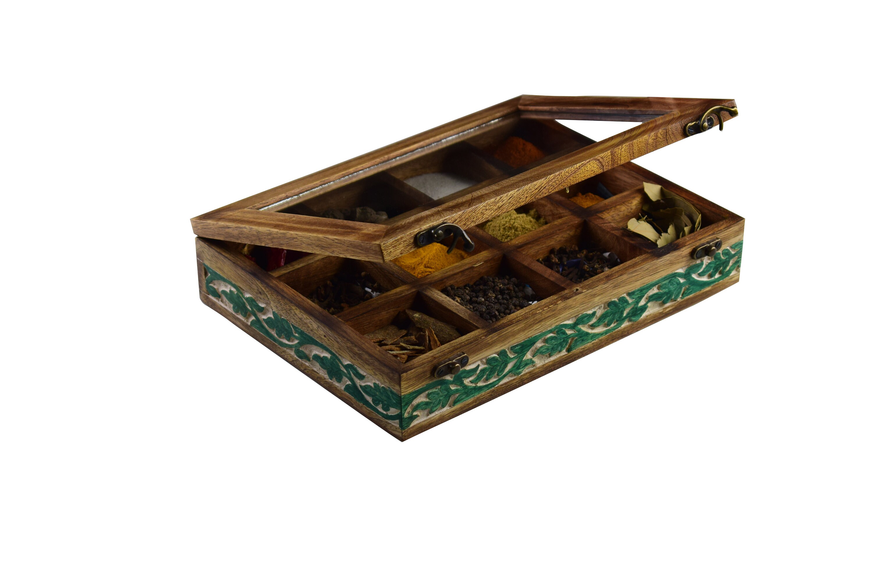 Wooden Spice Box With Hand Carved Leaf Extra Large Size Etsy