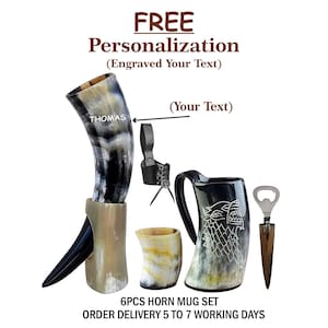 Viking Drinking  Horn Mug set Kit | Real Ox Horn For Viking Lovers | Drinking Mug with Horn, Bottle Opener, Shot Glass, Belt Holster