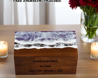 Personalized Rosewood Cremation Urn with Ocean Wave Design | Handcrafted Wooden Memorial Urn for Human or Pet Ashes | Funeral Tribute