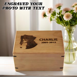 Personalized Pet Ashes Box with Portrait | Custom Engraved Dog or Cat Memorial Urn | Wooden Cremation Keepsake | Pet Loss Gift