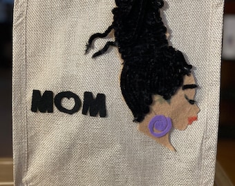Imitation burlap bag with silhouette image of woman