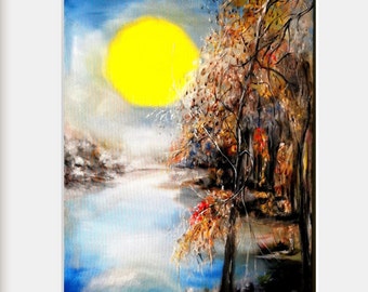 Moonlight in the lake, original oil painting