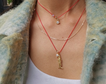 Collana di pesce in argento sterling 925, pesce articolato con corda rossa, collana Fidget, pesce 3d, regalo per l&#39;amante del pesce, regalo per lei