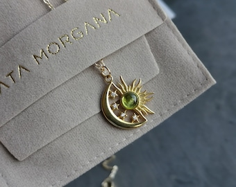 Collana Sole e Luna, Argento Sterling 925, Regalo di San Valentino, Collana Celeste in Vero Peridoto, Regalo per Lei