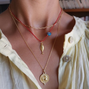 925 Sterling Silver Tiny Fish Necklace, Red String Necklace, Evil Eye Charm, Koi Fish Charm, Good Luck Jewelry, Gift for Her