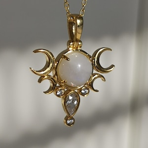 925K Silver Five Moons Moonstone Necklace, Goddess Hecate Pendant, Witchy Necklace, Gothic Goddess Pendant,  Phases, Gift for Her