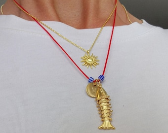 Collana in argento sterling 925 con pesce, collana con iniziale in oro, collana con filo rosso, collana con pesce 3D, pesce articolato, regalo personalizzato