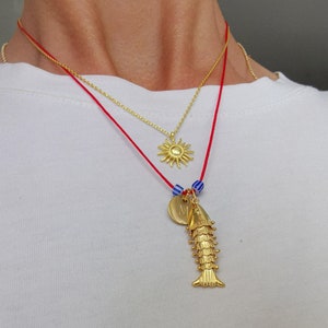 925 Sterling Silver Fish Necklace, Gold Initial Necklace, Red String Necklace, 3d Fish Necklace, Articulated Fish, Personalized Gift