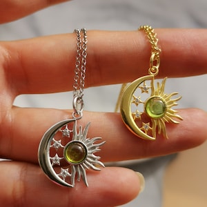 Gold Filled Sun and Moon Real Peridot Necklace, 925 Sterling Silver Necklace, Dainty Sun and Moon Necklace, Unique Silver Jewelry