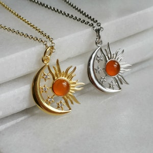 Gold Plated Sun and Moon Carnelian Necklace, Sterling Silver Sun and Moon Necklace, Carnelian Jewelry,