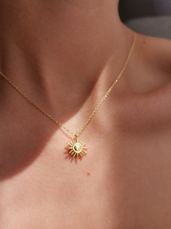Gold Sun Necklace, 925k Silver Sun Pendant, Sunburst