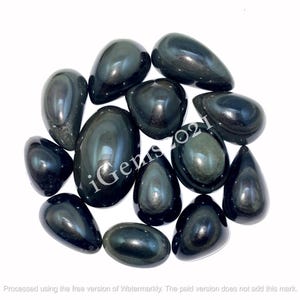Peut inclure: Une collection de pierres d'obsidienne polies, vert foncé, de formes variées, dont des gouttes et des ovales. Les pierres ont une surface réfléchissante et vitreuse, avec de subtiles variations de couleur et de texture. Le texte "iGems2021" est inclus.