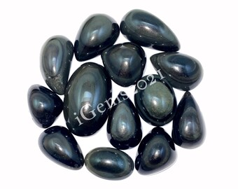Könnte beinhalten: Eine Sammlung polierter, dunkelgrüner Obsidian-Edelsteine in verschiedenen Formen, darunter Tropfen und Ovale. Die Steine haben eine reflektierende, glasartige Oberfläche mit subtilen Farb- und Texturvariationen. Der Text "iGems2021" ist enthalten.