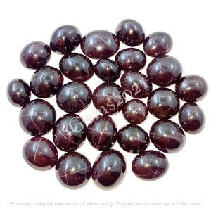 Könnte beinhalten: Eine Sammlung von 25 dunkelroten, ovalen Edelsteinen mit einem sternförmigen Muster im Inneren. Die Steine sind in einem Kreis auf einem weißen Hintergrund angeordnet.