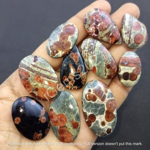 May include: Assortment of ten oval and teardrop shaped cabochons of green, black, and red jasper with a speckled pattern.