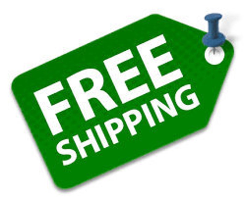 May include: Green tag with white text that says "FREE SHIPPING" with a blue push pin in the upper right corner.