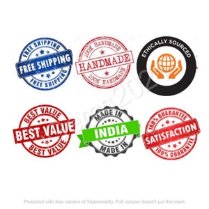 May include: Six colorful round stamps with text and graphics. The stamps are: Free Shipping, 100% Handmade, Ethically Sourced, Best Value, Made in India, 100% Satisfaction Guarantee.