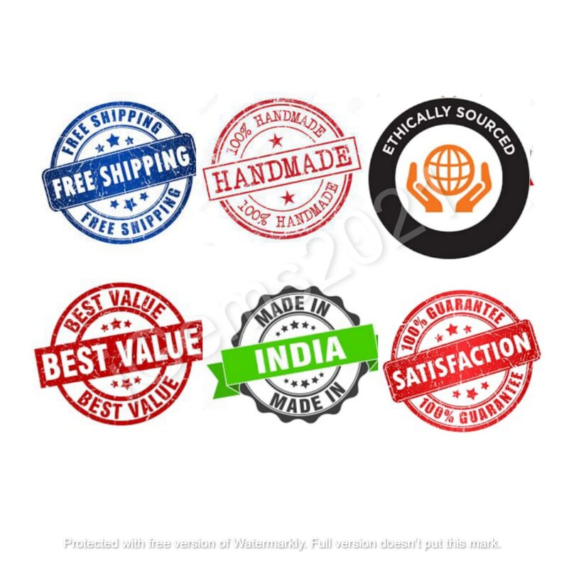 May include: Six colorful round stamps with text and graphics. The stamps are: Free Shipping, 100% Handmade, Ethically Sourced, Best Value, Made in India, 100% Satisfaction Guarantee.