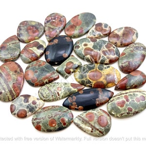 May include: A collection of 20 polished, teardrop-shaped, and oval-shaped, natural gemstone cabochons. The stones are a mix of green, brown, and red with white and orange spots.
