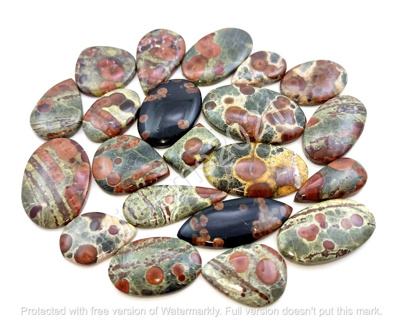 May include: A collection of 20 polished, teardrop-shaped, and oval-shaped, natural gemstone cabochons. The stones are a mix of green, brown, and red with white and orange spots.