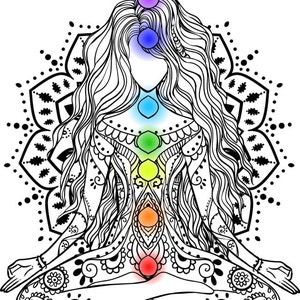 May include: A black and white line drawing of a woman in a lotus pose with seven chakras represented by colored circles. The woman is surrounded by a mandala pattern.