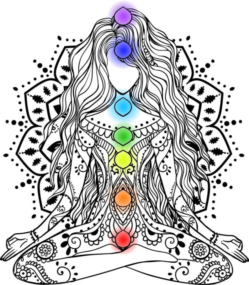 May include: A black and white line drawing of a woman in a lotus pose with seven chakras represented by colored circles. The woman is surrounded by a mandala pattern.
