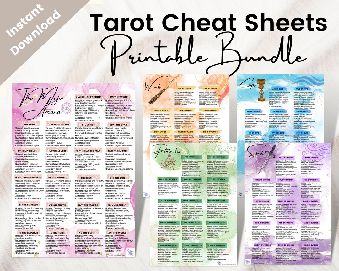 Printable Tarot Cheat Sheet Bundle, Rider Waite Deck, Tarot for Beginners, Tarot Card Printable ...