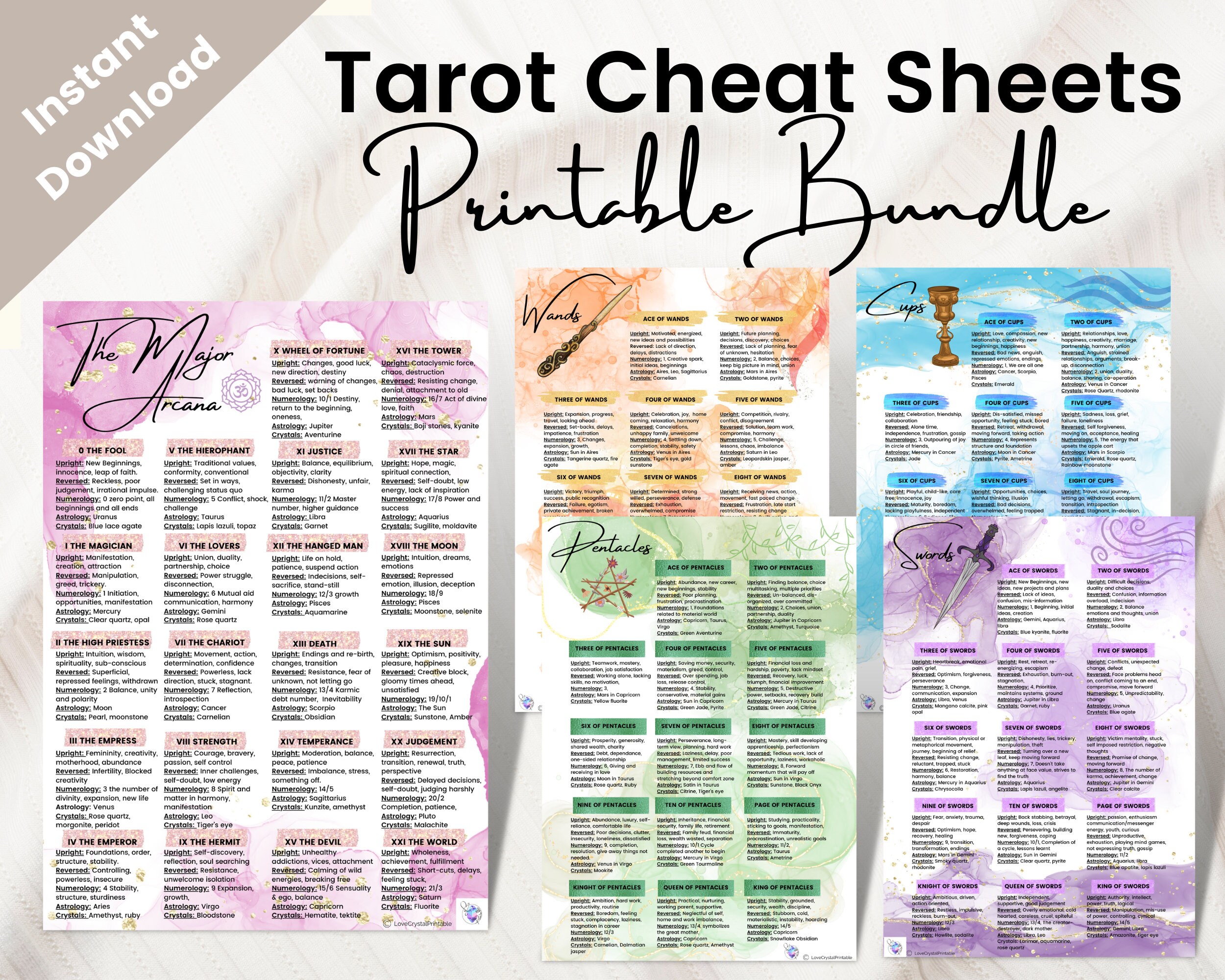 Printable Tarot Cheat Sheet Bundle, Rider Waite Deck, Tarot for Beginners, Tarot Card Printable ...