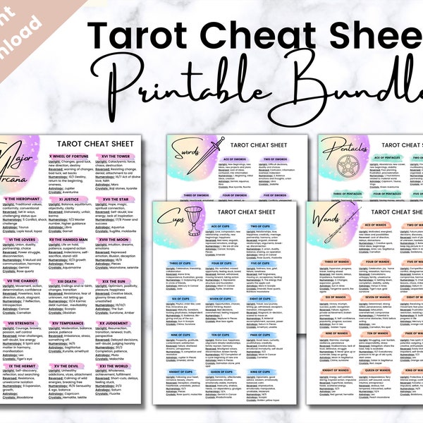 Printable Tarot Cheat Sheet Bundle, Rider Waite Deck, Tarot For Beginners, Tarot Card Printable, Printable Tarot Card Deck, BOS, Learn Tarot