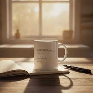 May include: A white ceramic mug with black text sits on a wooden surface next to an open book and a pen. The mug features a script-like poem. The scene is illuminated by sunlight from a window in the background.