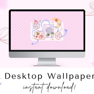 Könnte beinhalten: Ein Desktop-Computer zeigt ein rosa Hintergrundbild mit einem sich wiederholenden Muster. Das Hintergrundbild zeigt Illustrationen von Erdbeeren, Blumen und einem Halbmond. Der Text "Desktop Wallpaper instant download!" wird darunter angezeigt.