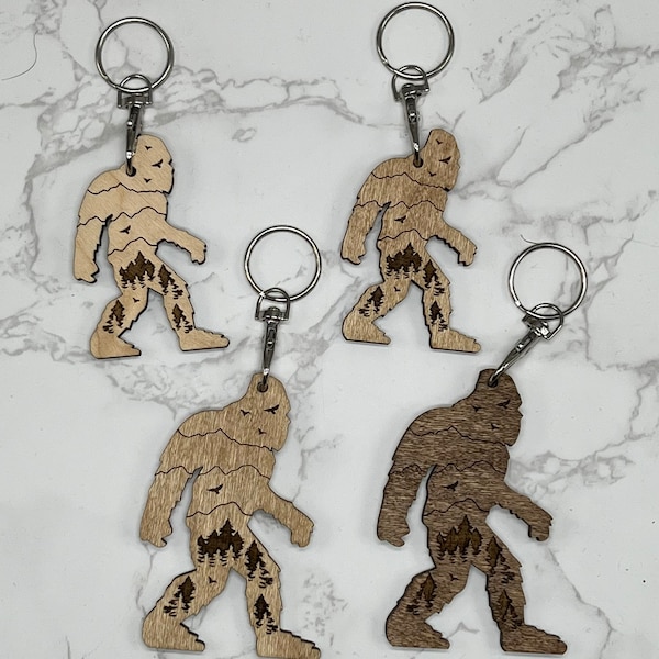 Bigfoot Keychain, Bigfoot Bag Tag Decoration, Cryptid Keychain, Sasquatch, Pacific Northwest, PNW Mountain Scene