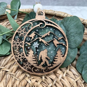 Bigfoot Christmas Ornament, Bigfoot Decoration, Cryptid Ornament, Sasquatch, Pacific Northwest, PNW Mountain Scene