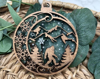 Bigfoot Christmas Ornament, Bigfoot Decoration, Cryptid Ornament, Sasquatch, Pacific Northwest, PNW Mountain Scene