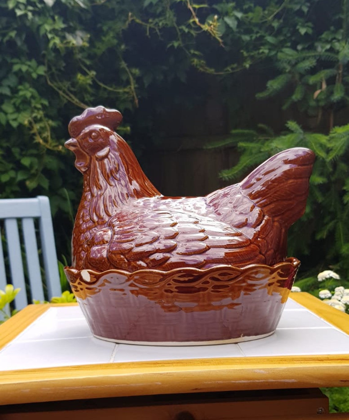Vintage Ceramic Brown Chicken Egg Basket Etsy
