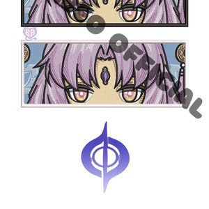 May include: Two embroidered patches featuring a purple-haired anime character with a third eye. The character has yellow eyes and a serious expression. The patches are rectangular and have a white border.