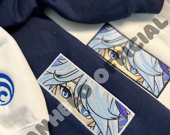 Genshin Auswirkungen Furina Gesicht Boxed Bestickter Rundhalsausschnitt / Hoodie + Ärmel