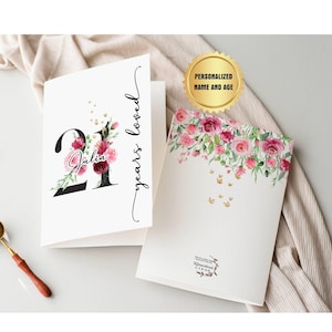 Carte d'anniversaire florale personnalisée avec nom et âge, anniversaire pour fille, préadolescent, femme, carte numérique personnalisée