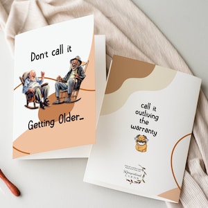 Kaart grappig ouder worden afdrukbaar, garantieverjaardagskaart overleven, ontwerp voor- en achterkant, blanco binnenkant, digitale download
