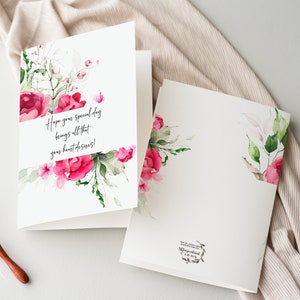 Belle carte d'anniversaire florale rose, carte spéciale jour, pour femme, maman, tante, soeur, recto et verso, blanc à l'intérieur, téléchargement numérique