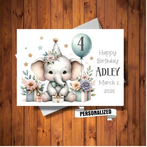 Tarjeta de cumpleaños personalizada con elefante para niña, tarjeta con nombre y edad personalizados, tarjeta de cumpleaños con diseño de safari en elefante, solo archivo digital