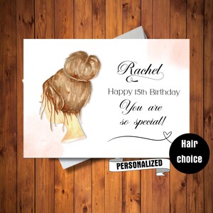 Carte de voeux d'anniversaire personnalisée pour fille ou femme, cheveux blonds roux ou noirs, carte de tout âge, carte numérique personnalisée
