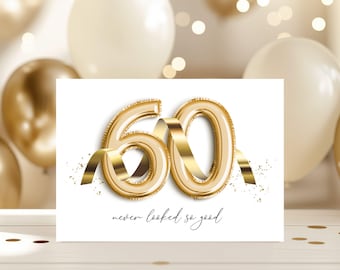 Biglietto d'auguri per il 60° compleanno, con numeri e nastro dorati, stampabile (file digitale)