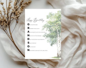 Grandson Birthday Card, Inspirational Acrostic Poem (Digital Download)