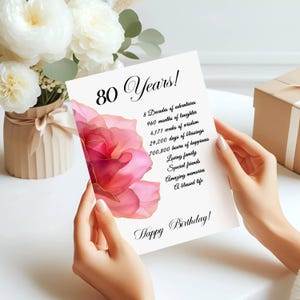Schöne 80 Jahre Zeit Fakten Blumenkarte, 80. Geburtstagskarte, NUR digitale druckbare Datei