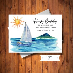 Cartão de feliz aniversário para homem, para um homem especial, cenário de veleiro e água, cartão digital, download instantâneo