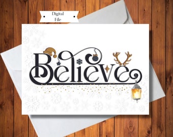Believe Holiday Card, Christmas Sleigh Card, Santa's Sleigh Card, Digital Instant Download